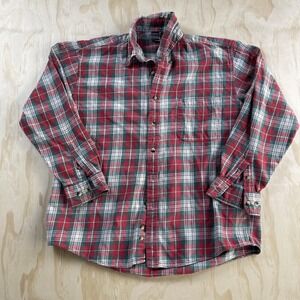 Vintage Sutter & Grant Mens Large Red Green Plaid Flannel Long Sleeve Button Up